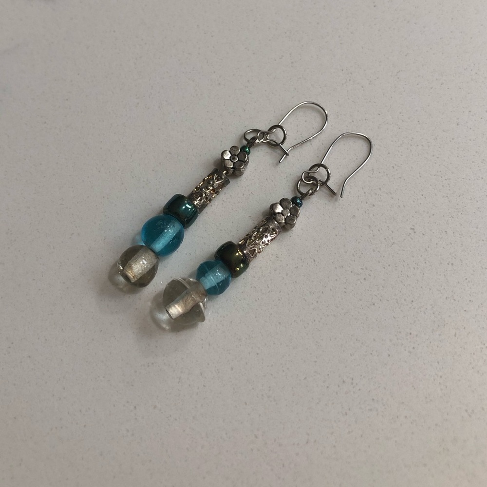 Boutique Handmade Blue & Clear Beaded Dangle Earrings